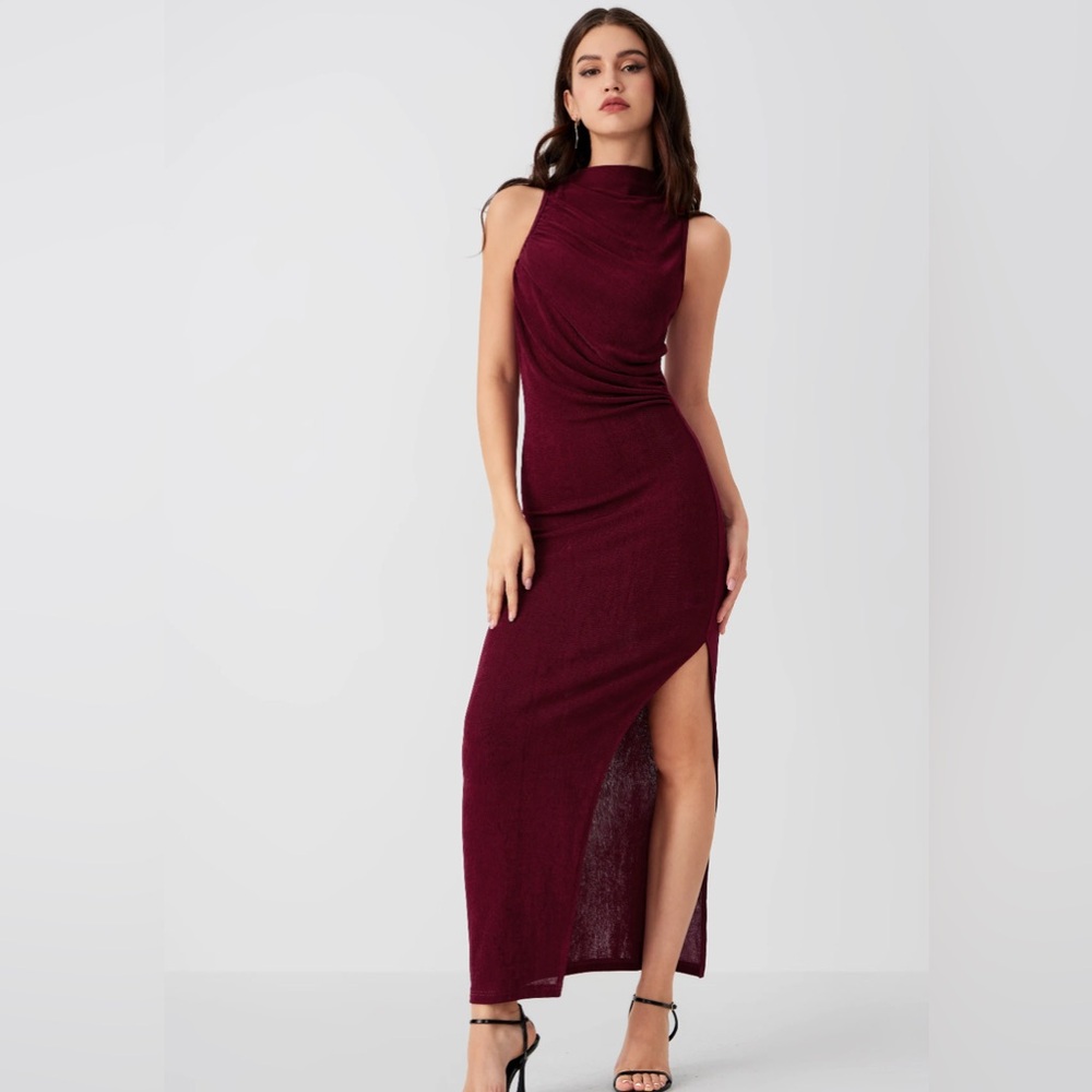 BURGUNDY HIGH NECK SPLIT MAXI DRESS